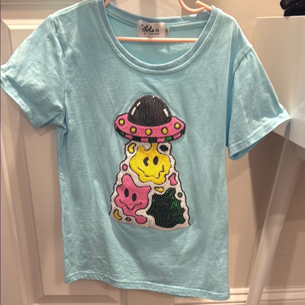 Lola and the boys Kids Light Blue UFO Graphic Tee size 10